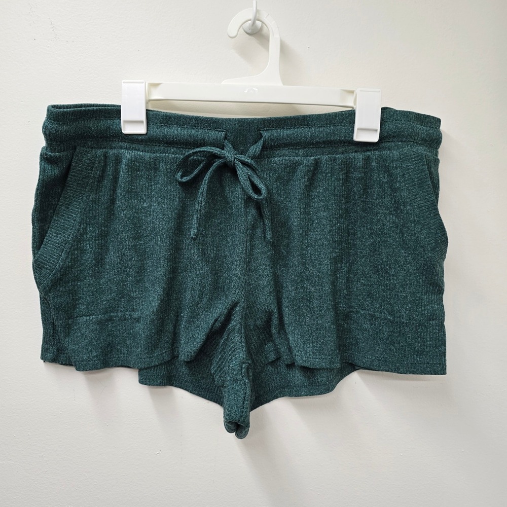 Joyspun Womens XL Green Ribbed Knit Sleep Lounge Shorts Drawstring Pockets